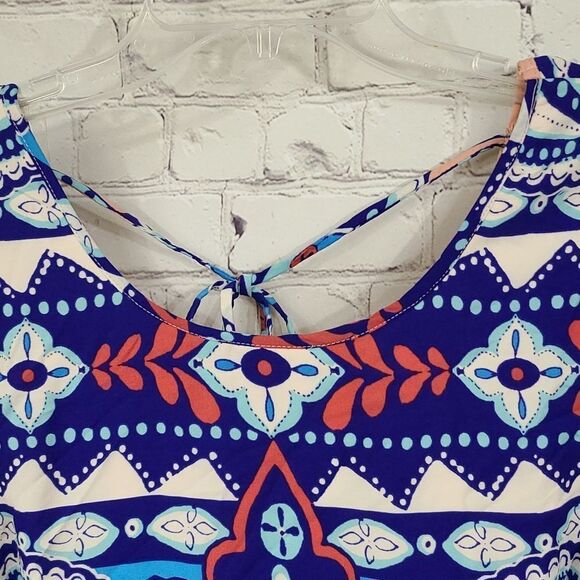 Bohemian NWT Work Dress Peach Blue Boho Printed Flare Sleeve Shift Colorful - Picture 6 of 10